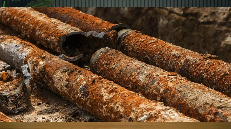 Three heavily rusted steel pipes with flaking orange scale lying side by side
