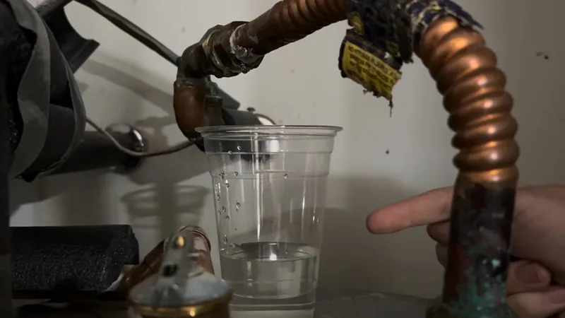 A finger pointing at a copper pipe connection with a clear cup standing below it to catch drips