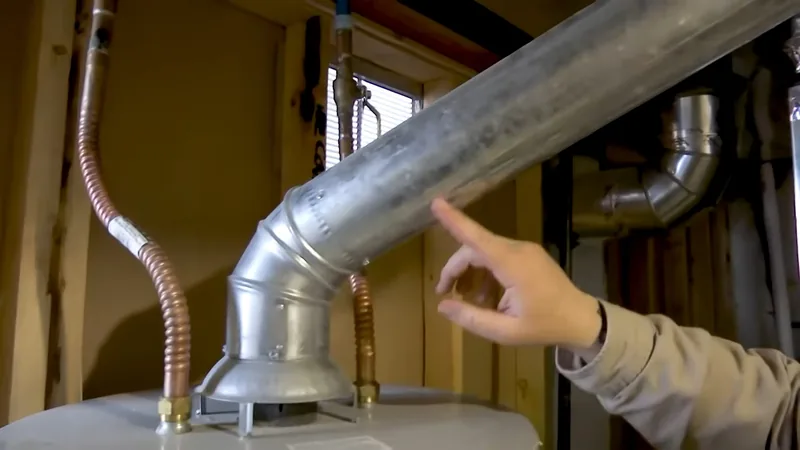 A finger pointing at the metal vent pipe rising from the top of a water heater between two copper connectors