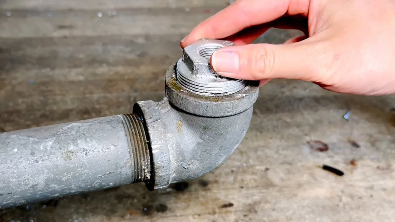 A hand unscrewing a threaded plug from a galvanized pipe elbow set in concrete