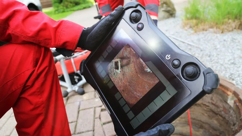 A technician in red coveralls holding a rugged handheld monitor that displays the inside of a pipe