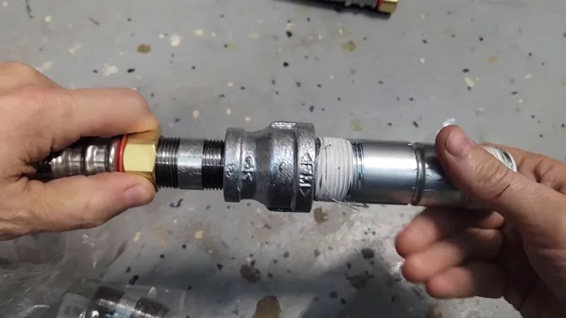 Two hands holding a galvanized pipe coupling joined to a brass fitting over a speckled concrete floor