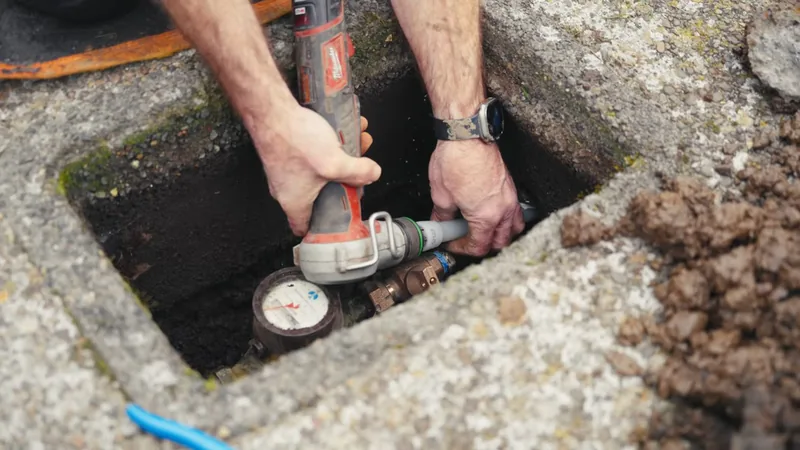 Two hands holding a power tool at a water meter and fittings inside a concrete ground box