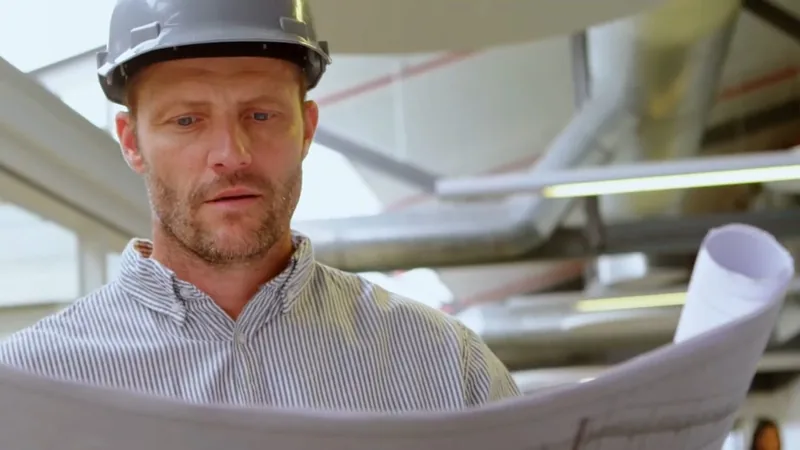 A man in a gray hard hat reading a large rolled plan sheet with ductwork overhead