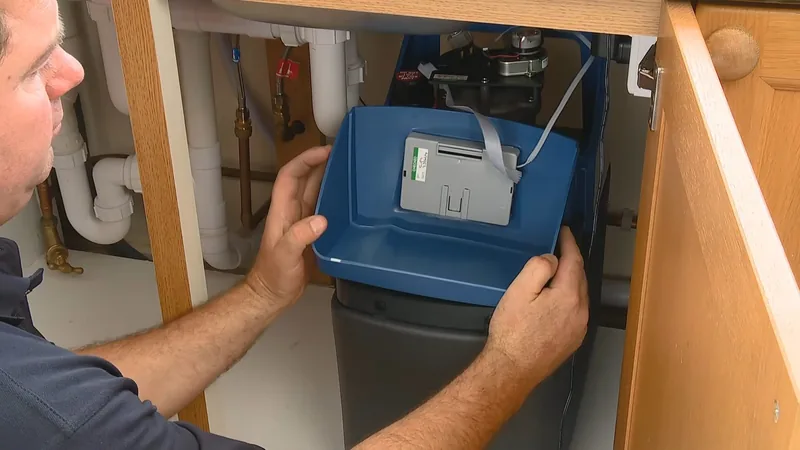 A man sliding a blue water softener unit into a wooden cabinet beneath a sink