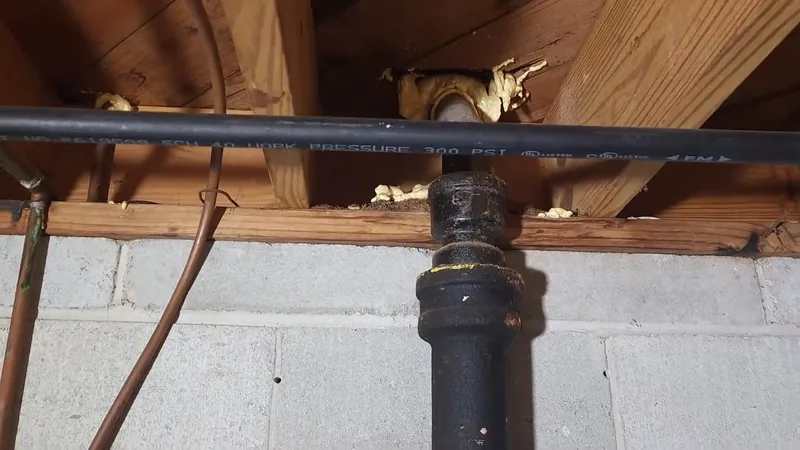 An old black cast iron drain pipe rising beside a block wall into floor joists, with a black supply line running across the top