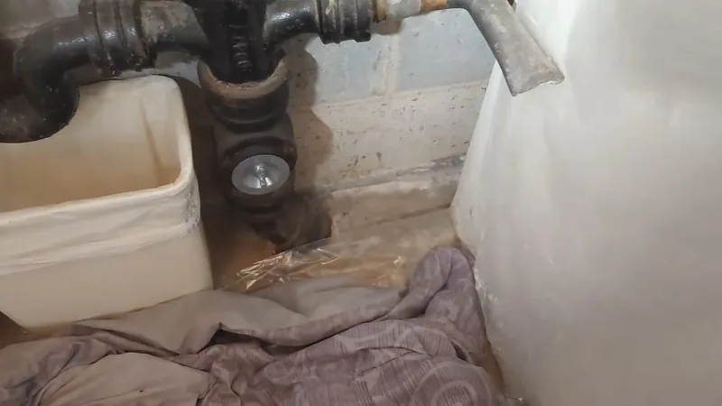 An older black cast iron drain connection at the base of a wall, with a gray towel on the floor beside it