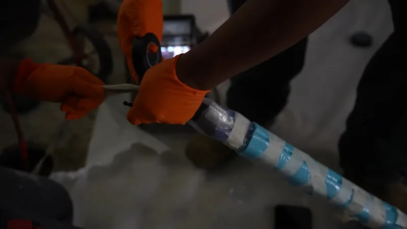 Orange-gloved hands winding blue tape around a length of pipe liner