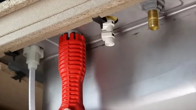 A red basin wrench reaching up to the mounting nut of a faucet beneath a sink
