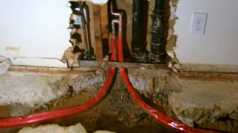 Red PEX supply lines running down through an opened wall and into the floor below