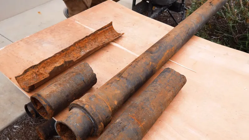 Rusted lengths of steel pipe, one cut open lengthwise, lying on a plywood board