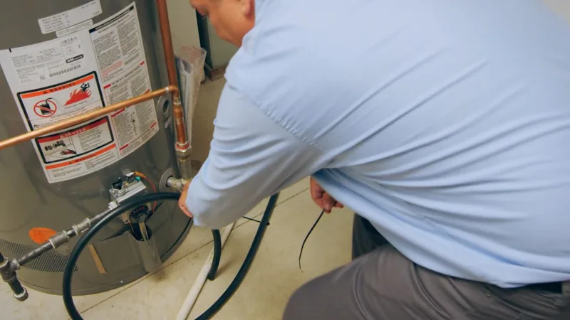 A technician in a light blue shirt crouched beside a gas water heater with a green hose at its base