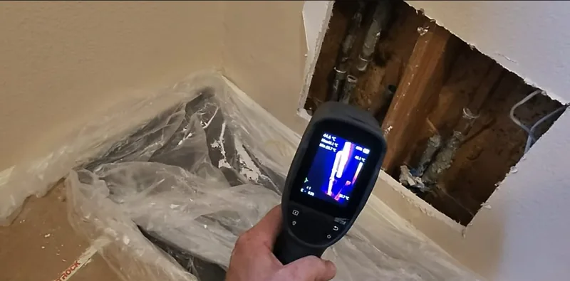 Handheld thermal camera held up to a cut wall opening with supply pipes visible inside