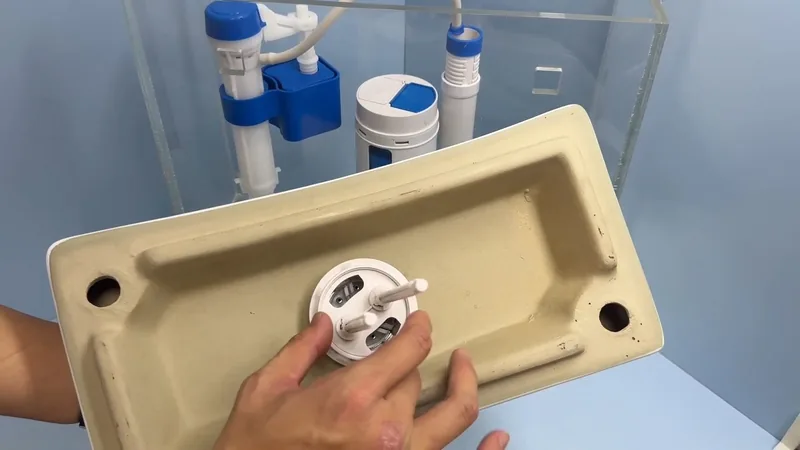 Hands holding a toilet tank lid upside down beside a clear tank with a fill valve and flapper
