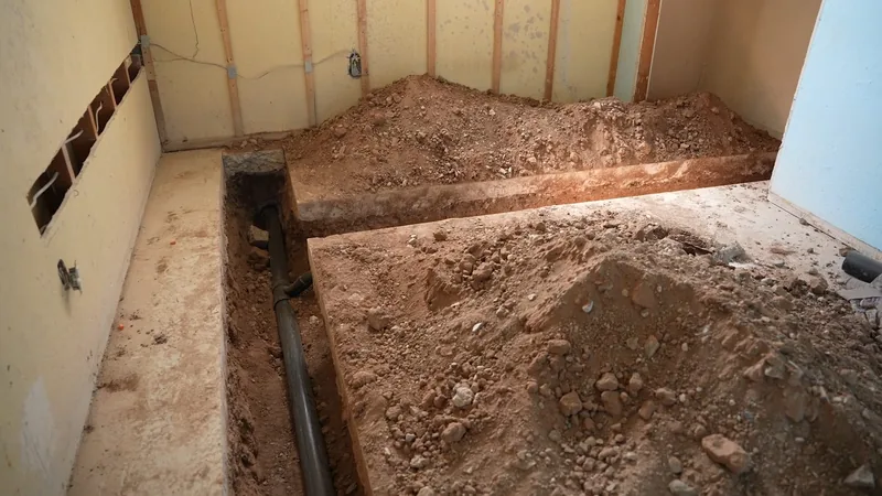 A narrow trench cut into a floor slab with a dark pipe in the bottom and piles of soil beside it