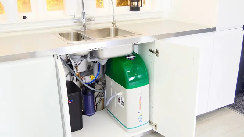 An open under-sink cabinet holding a water filter, a dark tank and a small green and white softener