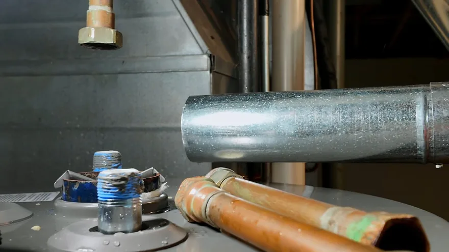 The top of a water heater with taped fittings, copper pipes and a metal flue pipe above it