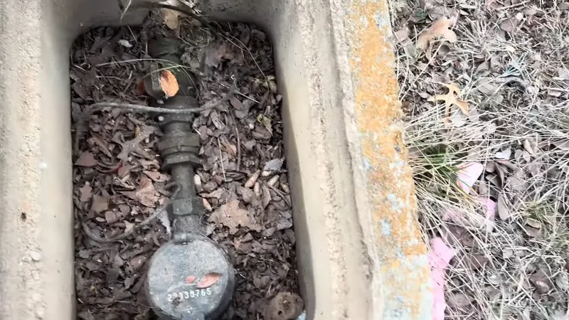 Water meter register and supply fittings seen from above inside a concrete ground box with leaves around it