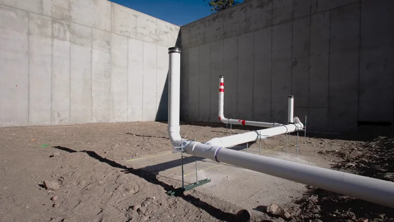 Long white PVC drain and vent pipes laid across bare ground beside a tall concrete wall
