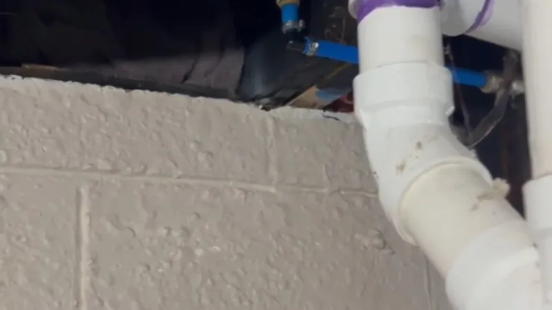 A white PVC drain elbow and fittings beside a painted concrete block wall