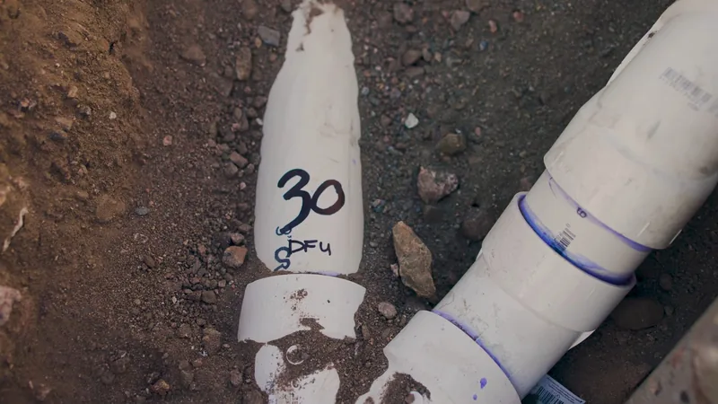 White PVC drain fittings joined with blue cement on bare soil, with a handwritten 30 on a cut pipe stub