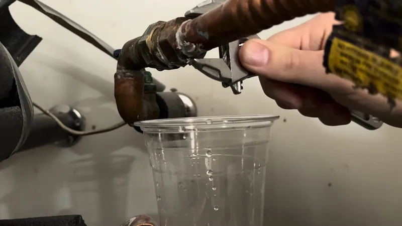 A wrench on a corroded brass fitting with a clear plastic cup catching drips below it