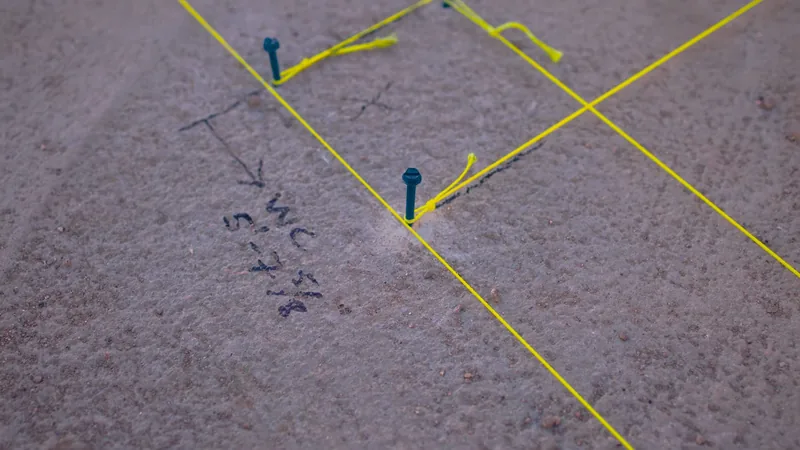 Yellow string lines and handwritten measurements marked on a rough concrete surface